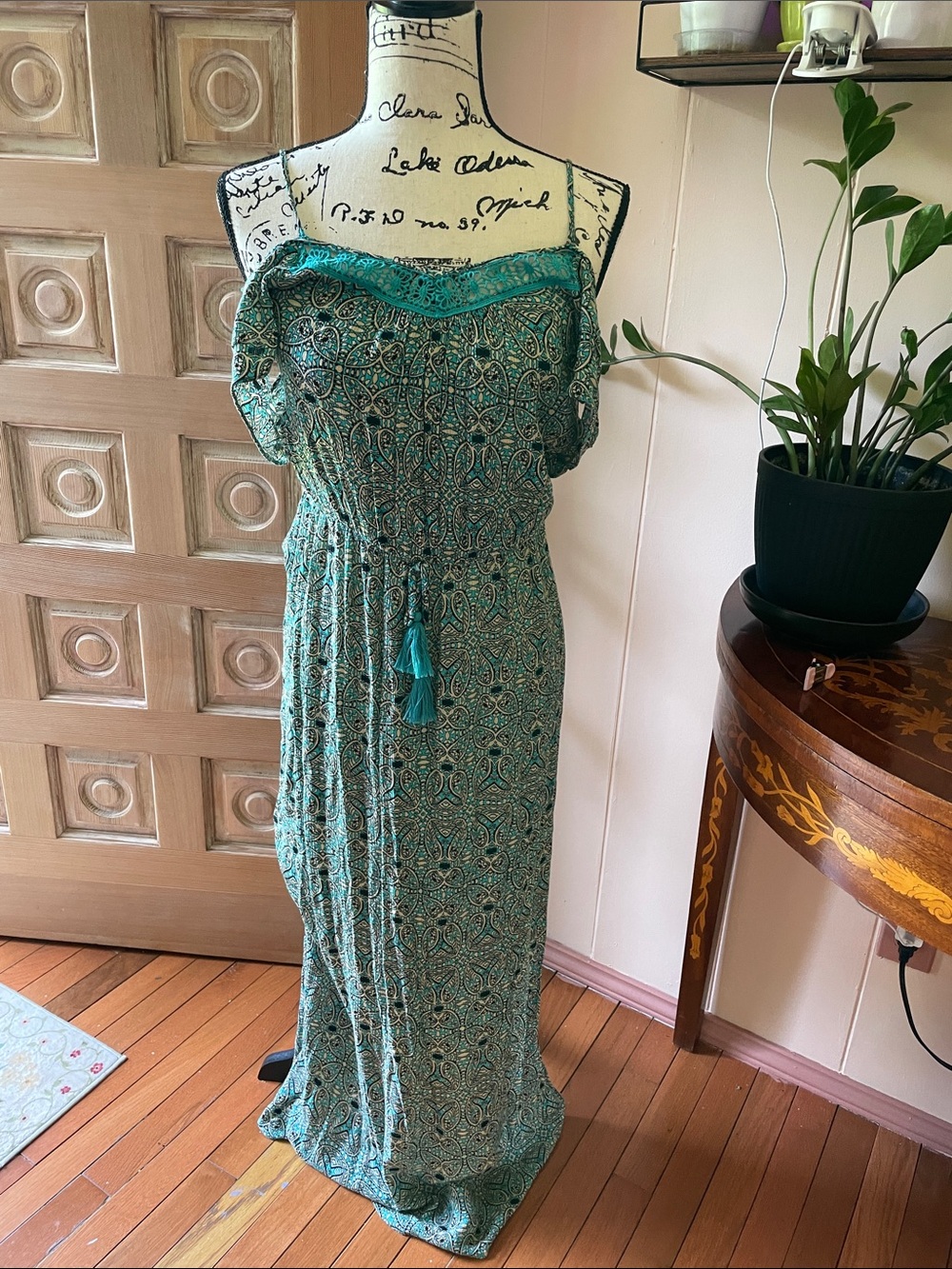 Xhilaration Teal Printed Off-Shoulder Maxi Dress with Tassel Tie